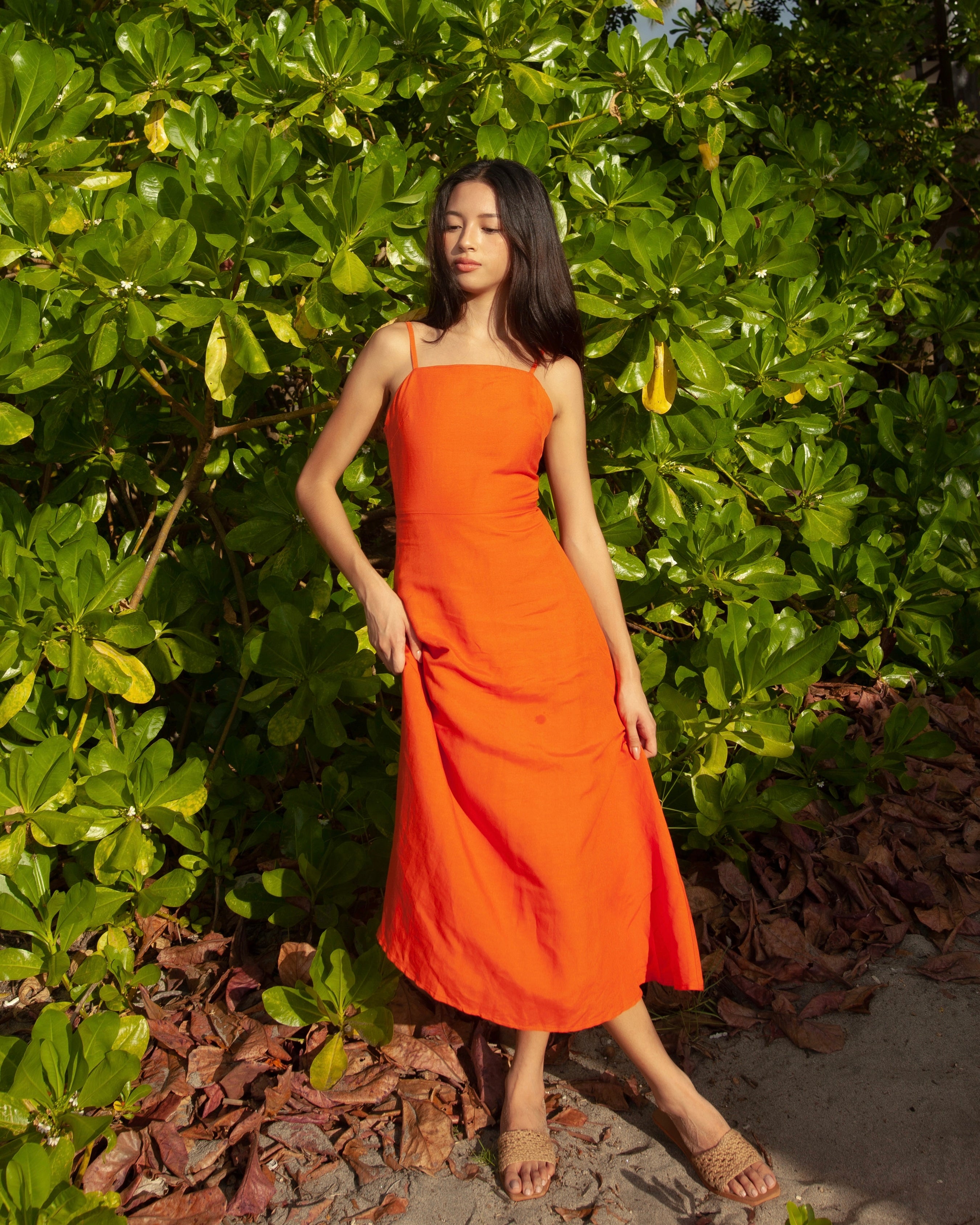 tangerine linen dress Tangerine Halter Knot Tie Linen Blend Midi Dress